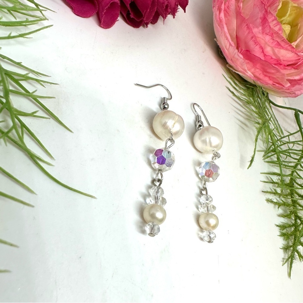 NEW⚜️Genuine Pearl Chandelier Crystal Earrings - Picture 3 of 4